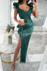 Steal The Show Satin Patchwork Ruffle Design Ruched Slit Maxi Dress