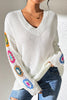 Fashion Hook Flower Long Sleeve V-Neck Loose Knitted Sweater