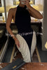 Daija Contrast Color Halter Neck Backless Side Ruched Drape Midi Dress