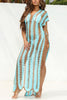 Stripe V Neck Side Slit Hollow Caftan Dress