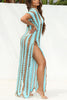 Stripe V Neck Side Slit Hollow Caftan Dress
