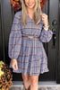 Plaid V Neck Ruffles Long Sleeve Mini Dress
