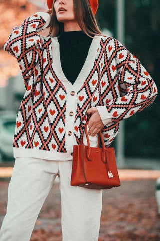 Heart Print Button Cardigan