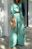 Button Cross Wrap Blouse Wide Leg Pants Set