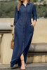 Elegant Solid Buckle Solid Color Turndown Collar Long Sleeve Loose Denim Dresses