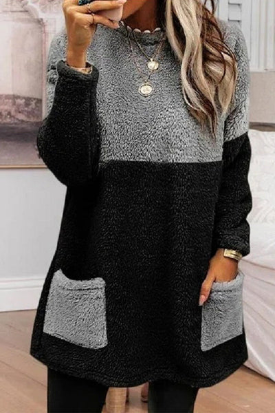 Elegant Color Block Pocket O Neck Tops