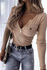 Casual Solid Buttons V Neck Tops