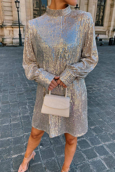 Elegant Solid Sequins Mandarin Collar One Step Skirt Dresses