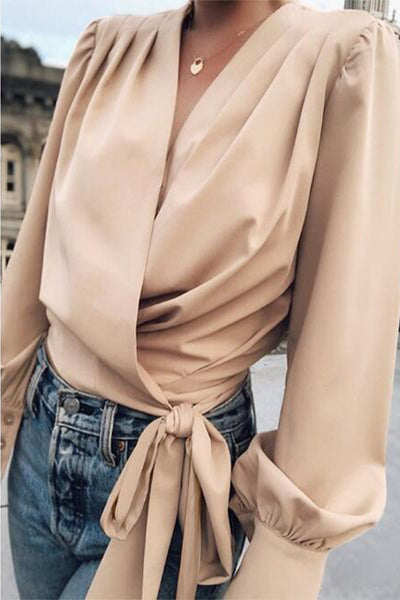 Elegant Print Frenulum Solid Color V Neck Blouses(4 Colors)