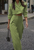 Casual Work Solid Pocket Turn-back Collar Long Sleeve Two Pieces