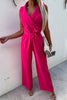 Casual British Style Solid Pocket Frenulum V Neck Regular Jumpsuits