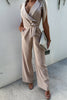 Casual British Style Solid Pocket Frenulum V Neck Regular Jumpsuits