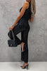 British Style Elegant Solid Backless V Neck Regular Jumpsuits