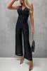 British Style Elegant Solid Backless V Neck Regular Jumpsuits