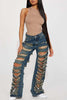 Street Solid Ripped Patchwork High Waist Denim Jeans