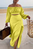 Casual Vacation Solid Slit Fold Off the Shoulder Long Sleeve Two Pieces