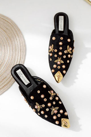 Metal Pearl Bee Mules Flats