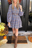 Plaid V Neck Ruffles Long Sleeve Mini Dress