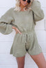 O Neck Puff Long Drawstring Sweater Romper