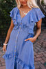 Ruffles Button V Neck Midi Dress