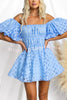 Barbie Night Square Patterned Fabric Puff Sleeve Mini Dress