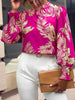 Bishop Sleeve Monstera Ceriman Printed Stand Collar Blouses&Shirts Tops