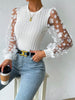 Fashion Long Sleeves Floral Printed See-Through Applique Round-Neck Blouses&Shirts Tops