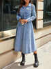 Stylish Lapel Collar Empire Buttoned Solid Color A-Line Denim Midi Dresses