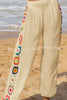 Dimarco Linen Blend Colorful Crochet Flower Patchwork Stretch Waist Wide Leg Pants