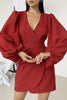 V Neck Puff Sleeve Slit Hem Mini Dress