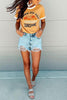 Ripped Hem High Waist Denim Shorts
