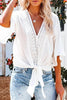 V Neck Knot Embroidery Bell Sleeve Blouse