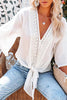 V Neck Knot Embroidery Bell Sleeve Blouse