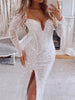 Banquet White Long Sleeves Hollow Split-Side Shiny V-Neck Maxi Dresses