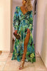 Leaf Print Belted Wrap Long Sleeve Maxi Dress