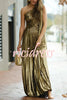 Exceptionally Chic Metallic Gold One Shoulder Drape Sleeve Pleated Maxi Dress