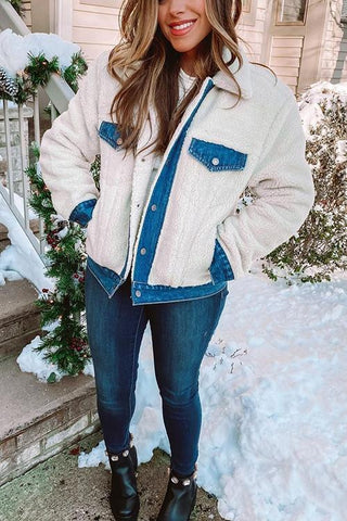 Patchwork Button Fuzzy Coat