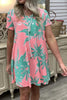 Leaf Print V Neck Pockets Mini Dress