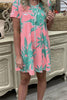Leaf Print V Neck Pockets Mini Dress