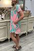 Leaf Print V Neck Pockets Mini Dress