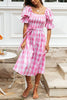 Plaid Square Neck Puff Sleeve Belted Dress