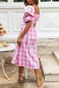 Plaid Square Neck Puff Sleeve Belted Dress