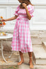 Plaid Square Neck Puff Sleeve Belted Dress