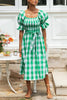 Plaid Square Neck Puff Sleeve Belted Dress