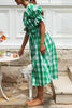 Plaid Square Neck Puff Sleeve Belted Dress