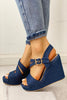 Buckles Cross Denim Wedges