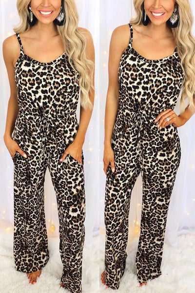 Leopard Pockets Drawstring Slip Jumpsuits