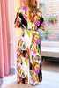 Print V Neck Bat Drawstring Jumpsuits
