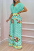 V Neck Bat Blouse Print Wide Leg Pants Set