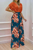 V Neck Bat Blouse Print Wide Leg Pants Set